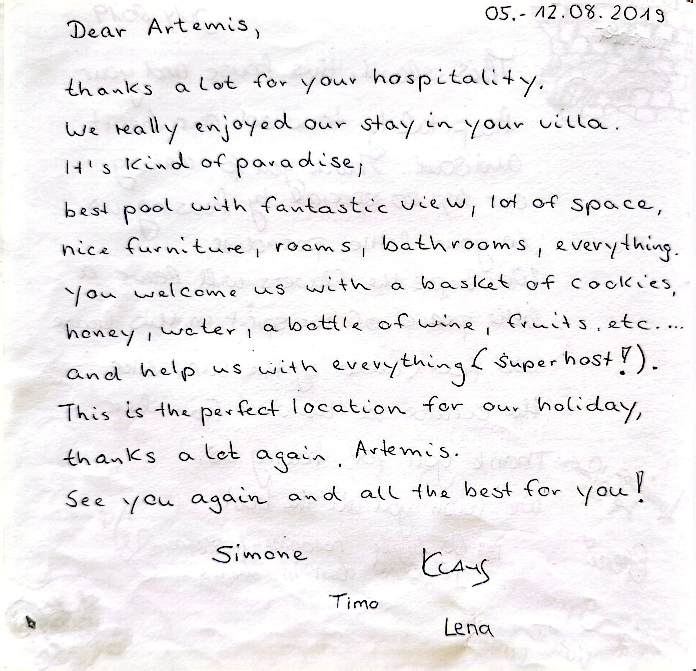Aquila Villa guest book page