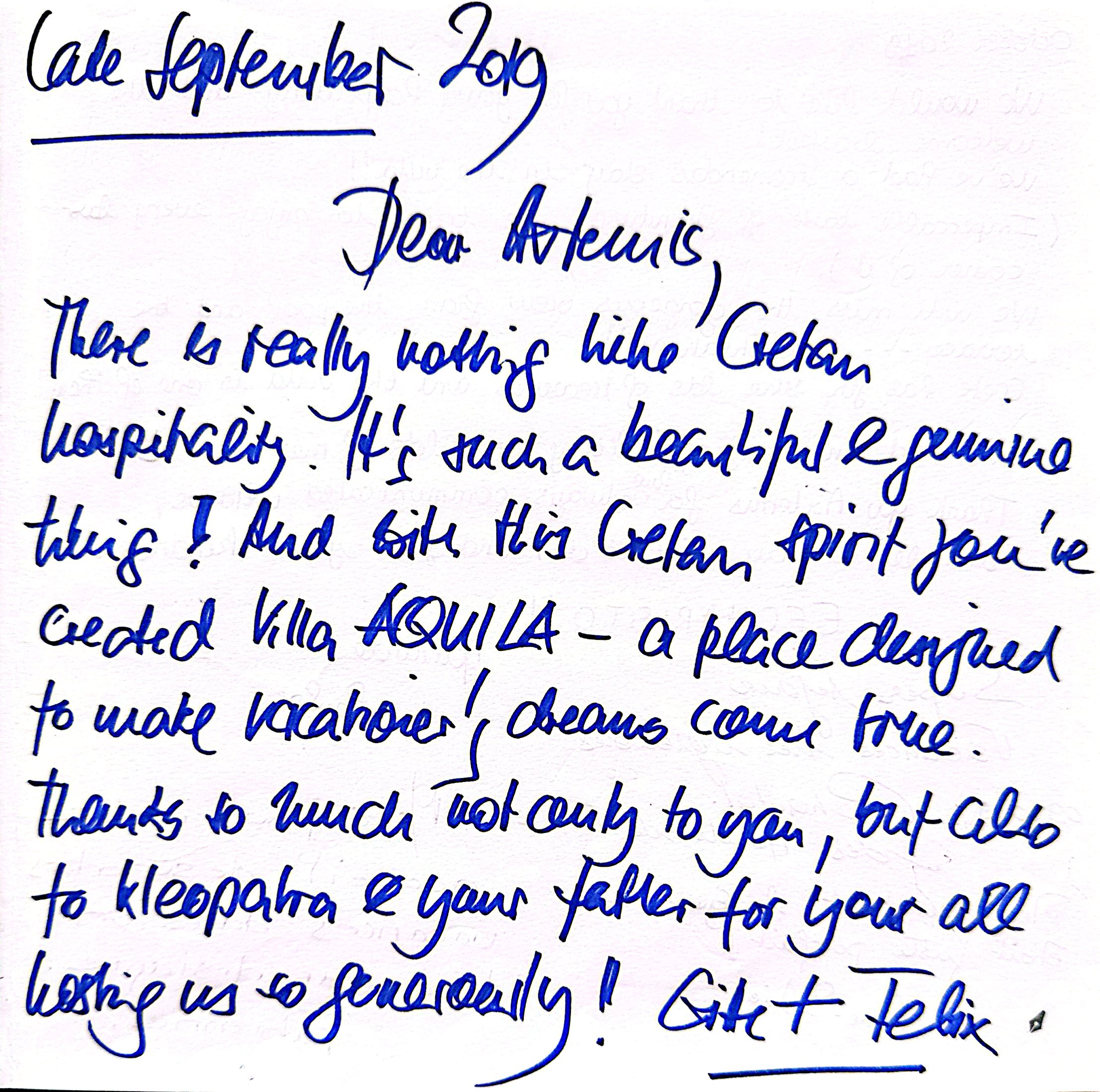 Aquila Villa guest book page